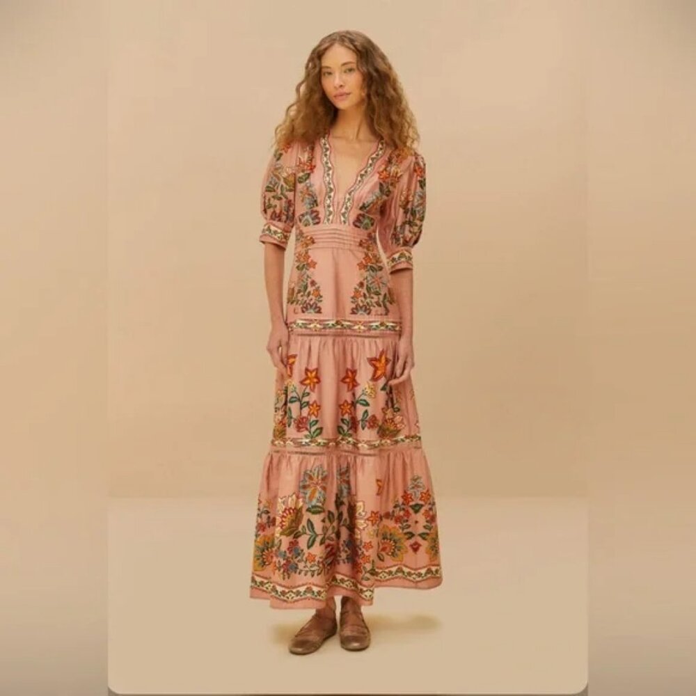 Farm Rio Pink Garden Delight Short Sleeve Maxi Dress